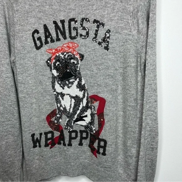 H&M Women's Medium Angora Blend Pug Dog Gangsta Wrapper Pullover Sweater Grey - Picture 2 of 11